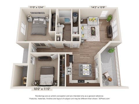 Floor plan for 2 beds, 1 bath, 987 sqft